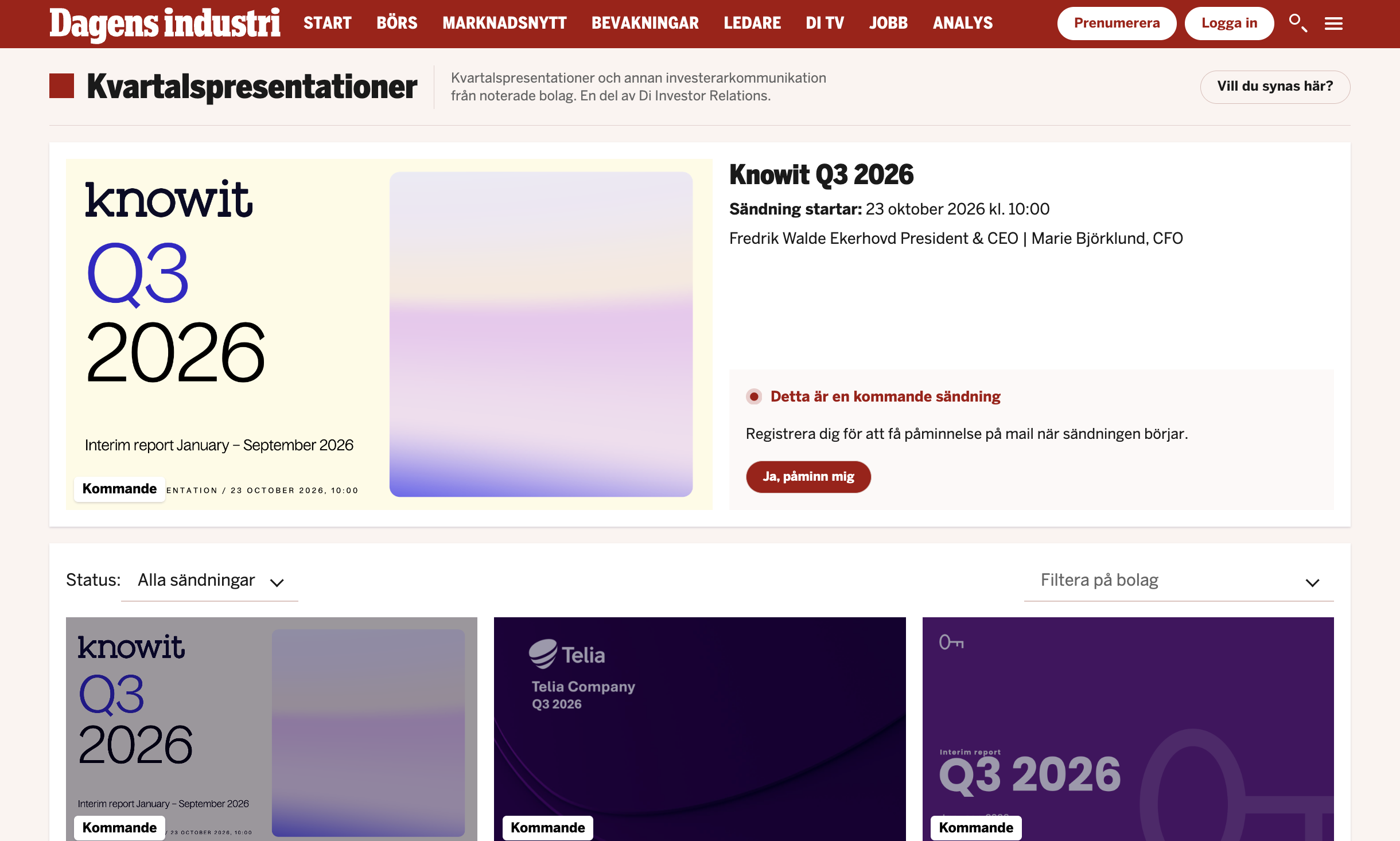 Di Investor Relations live on Di.se