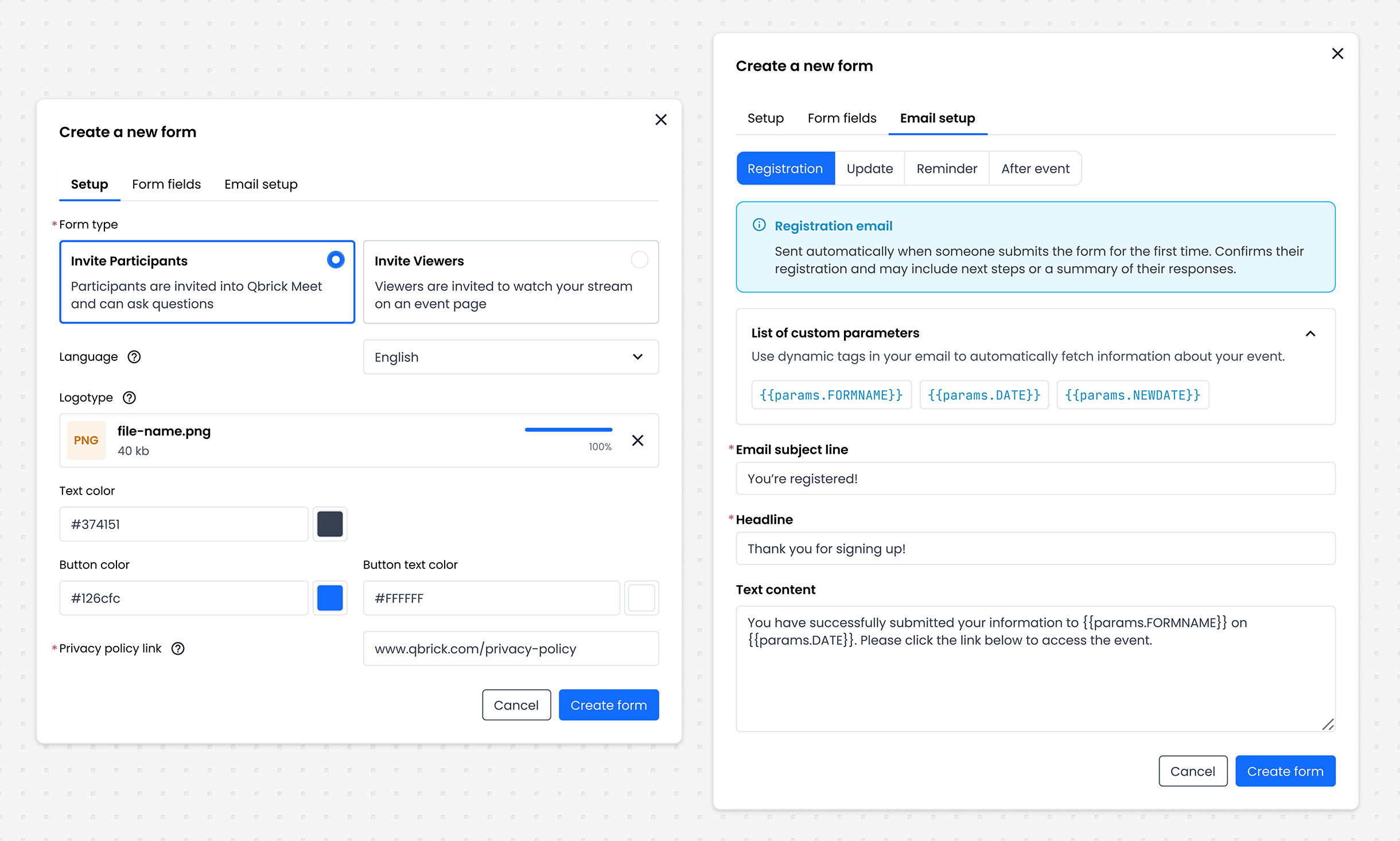 Email setup with smart defaults and dynamic tags