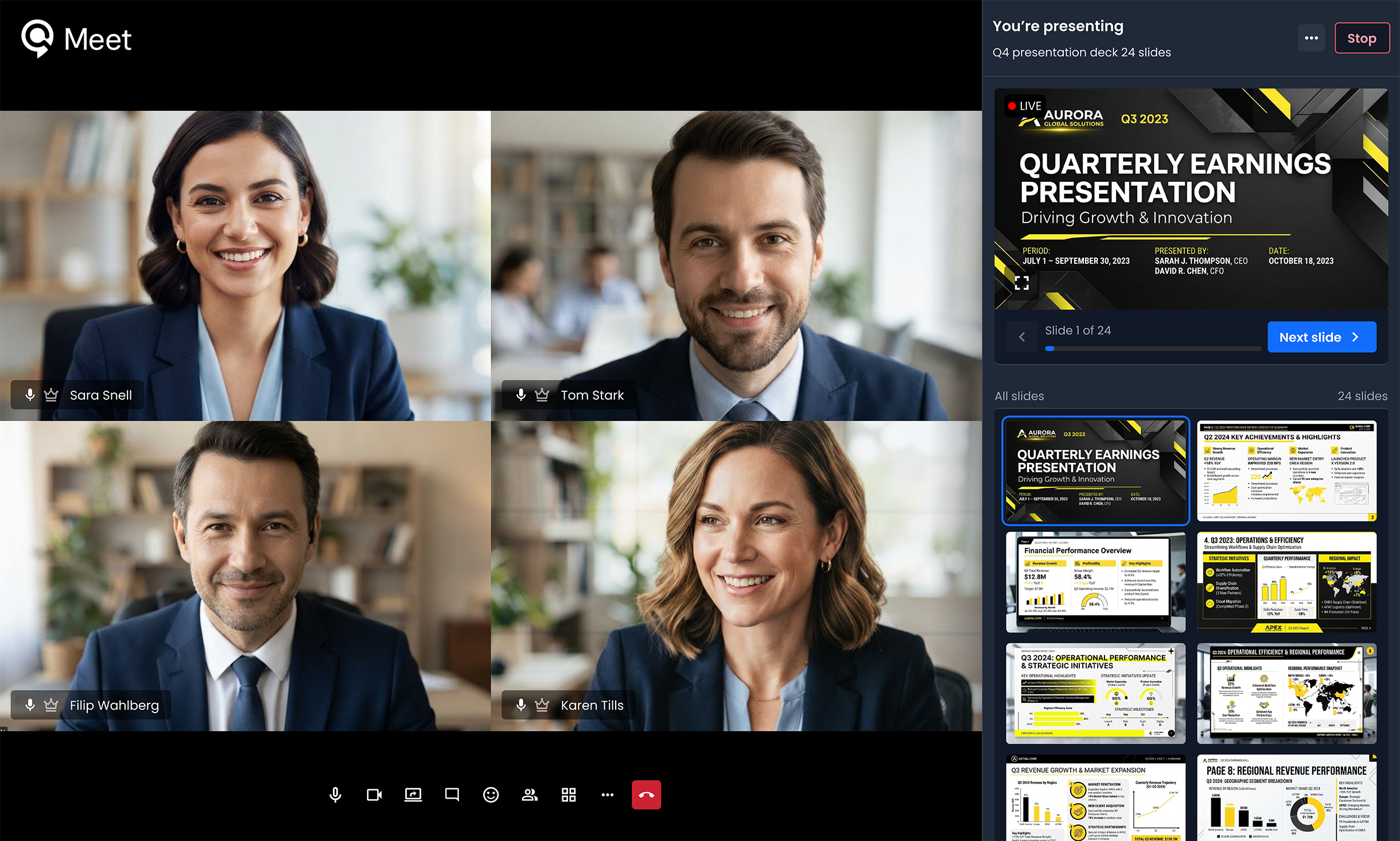 Presenter view: video, slides and participants in one place