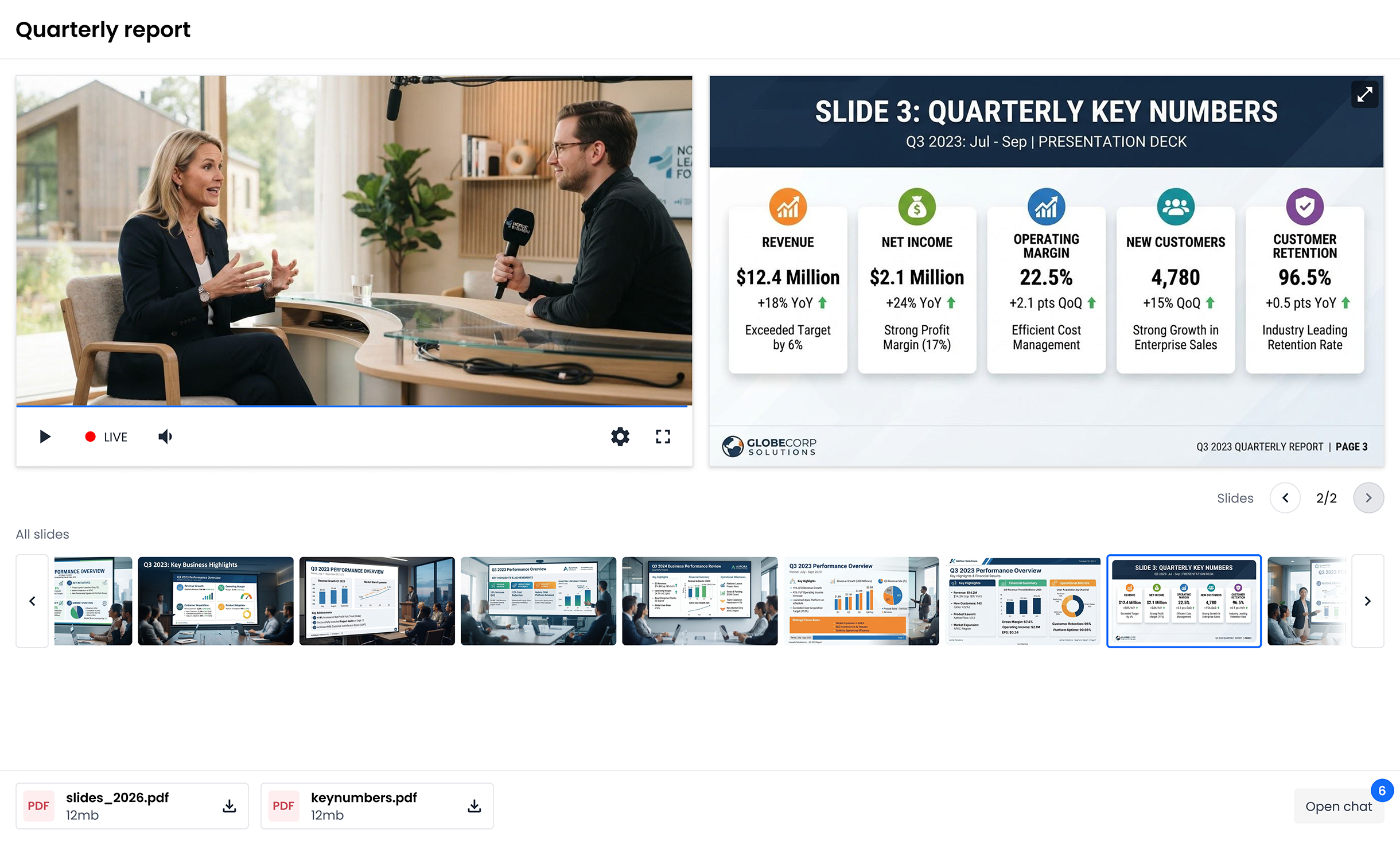 Video on a company's investor page, with slides and chat
