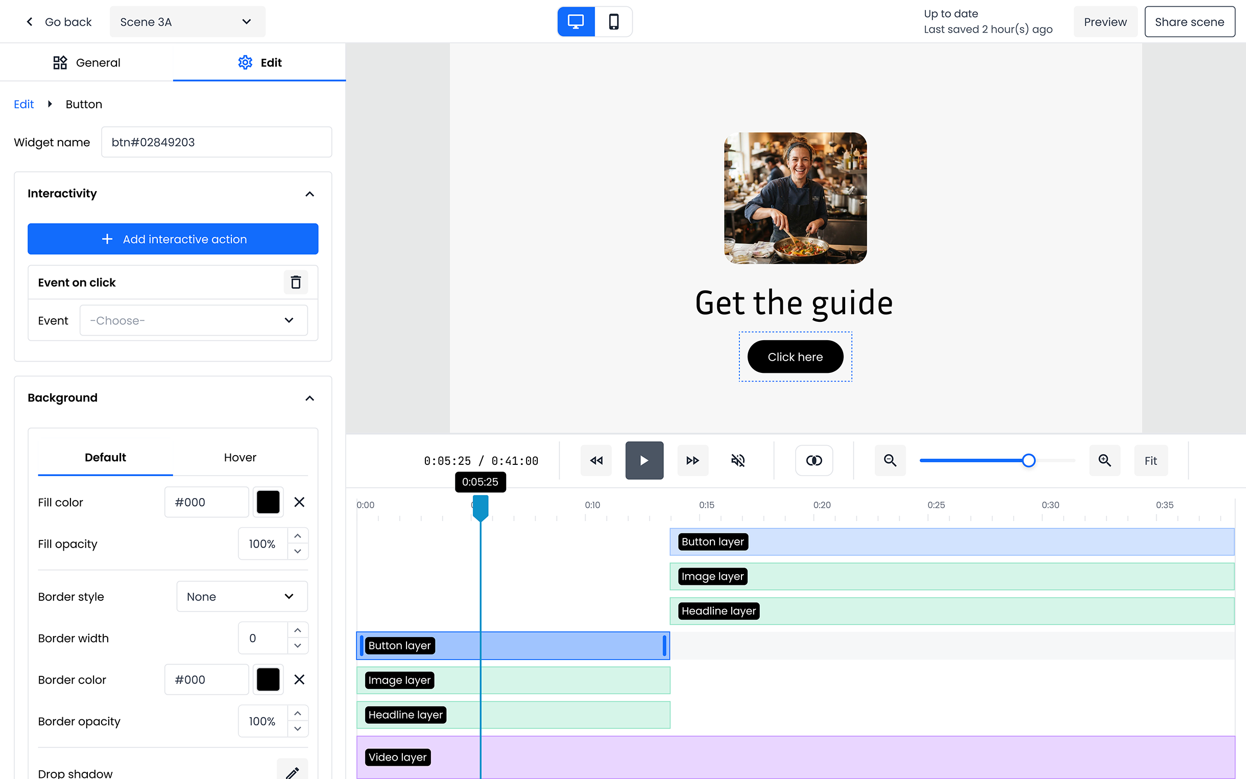 The scene editor with a button widget selected