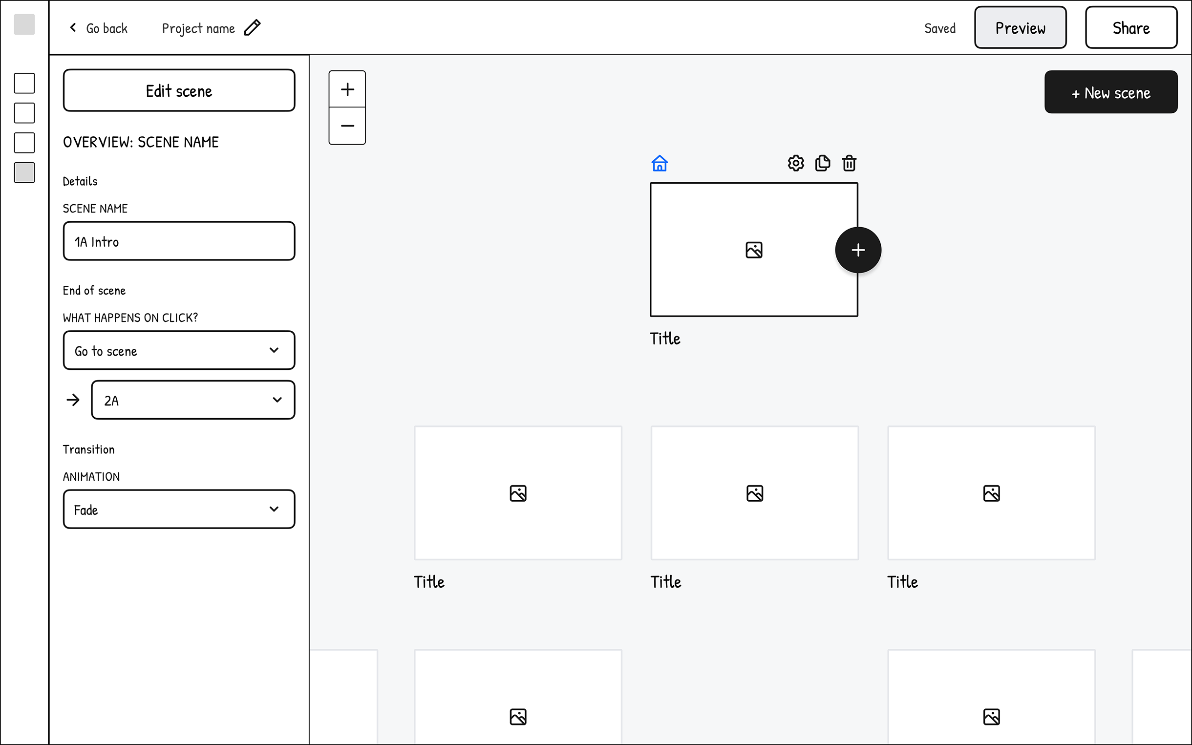 Wireframe: each scene is a box that connects to others, with lines on the canvas or in the settings menu