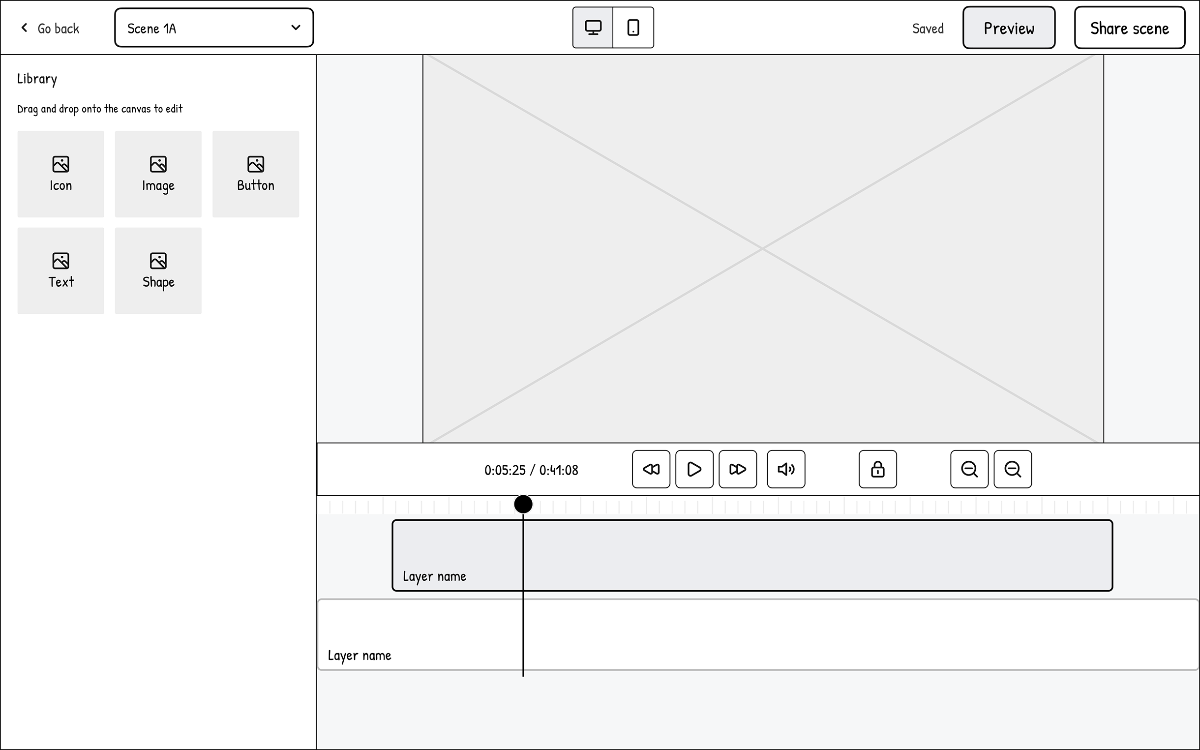 Wireframe: widget cards that can be dragged into the video preview window