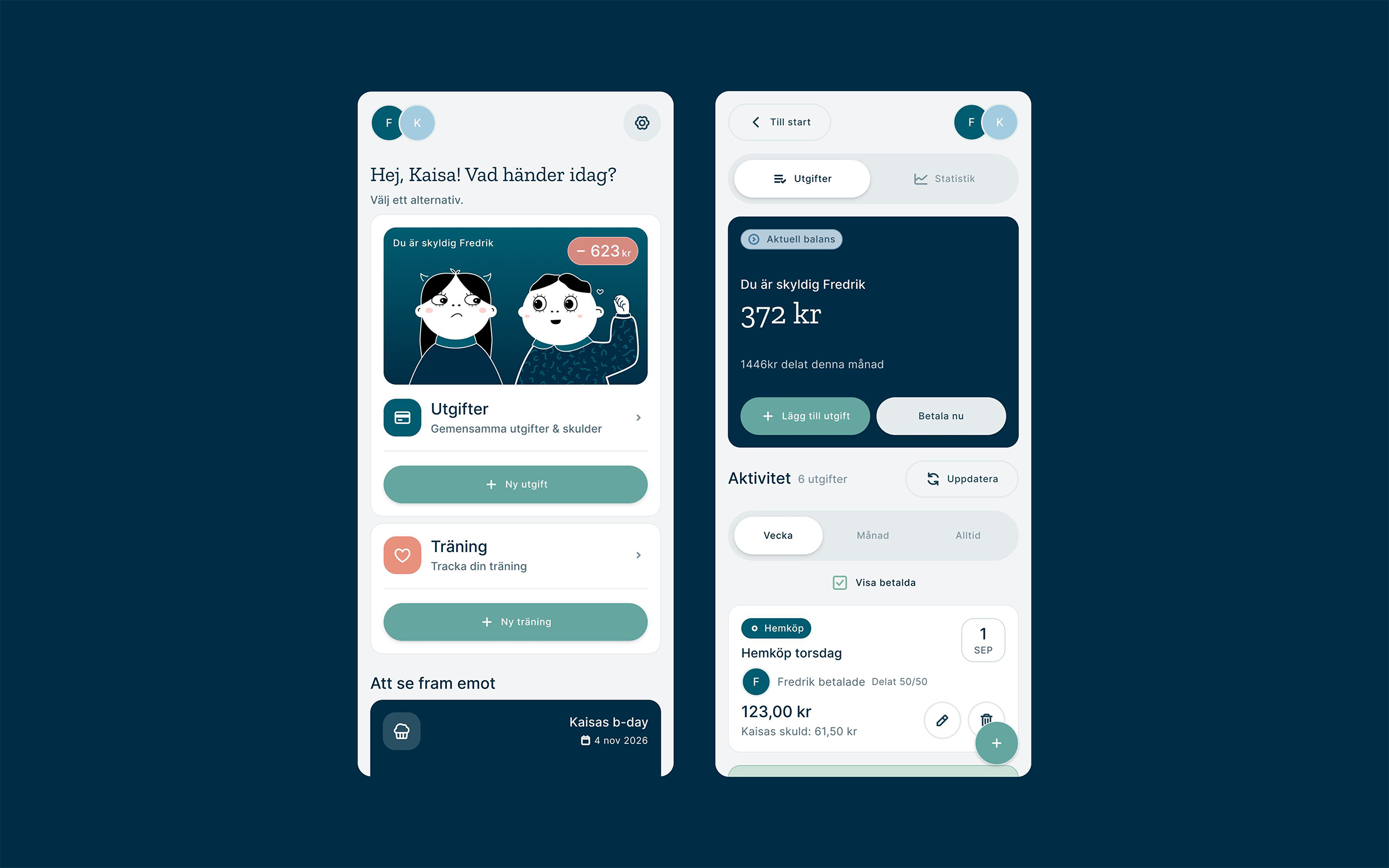 Home screen and cost screen